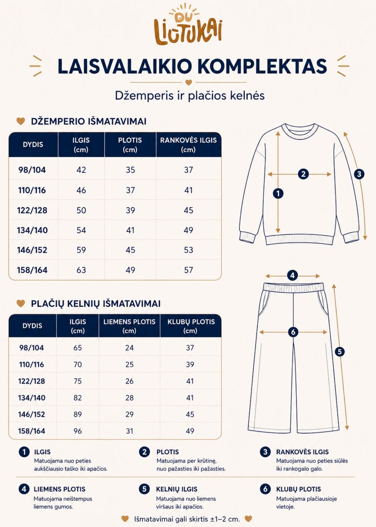 Laisvalaikio kostiumo mergaitei džemperio ir plačių kelnių dydžių lentelė